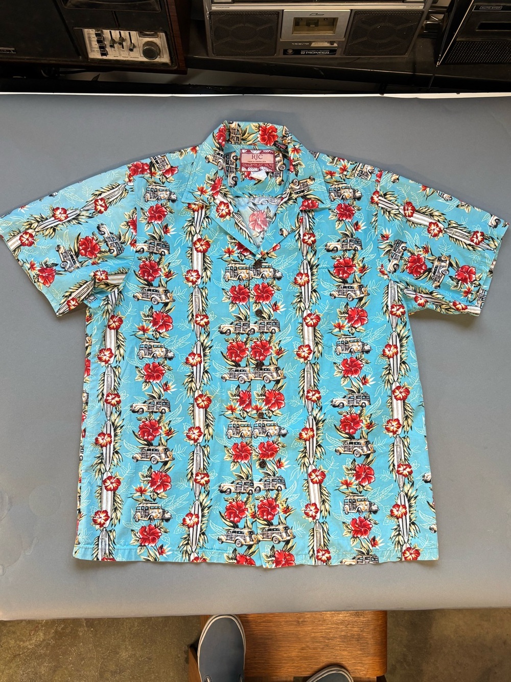 RJC made in Honolulu Hawaiian shirt, long boards and woodie cars print